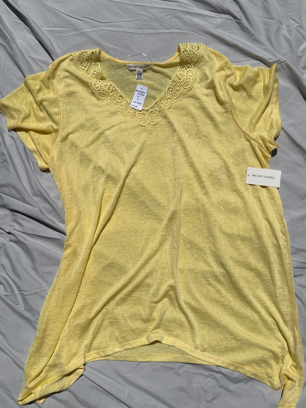 New York Laundry Pale Yellow Lace-Trim V-Neck Tee